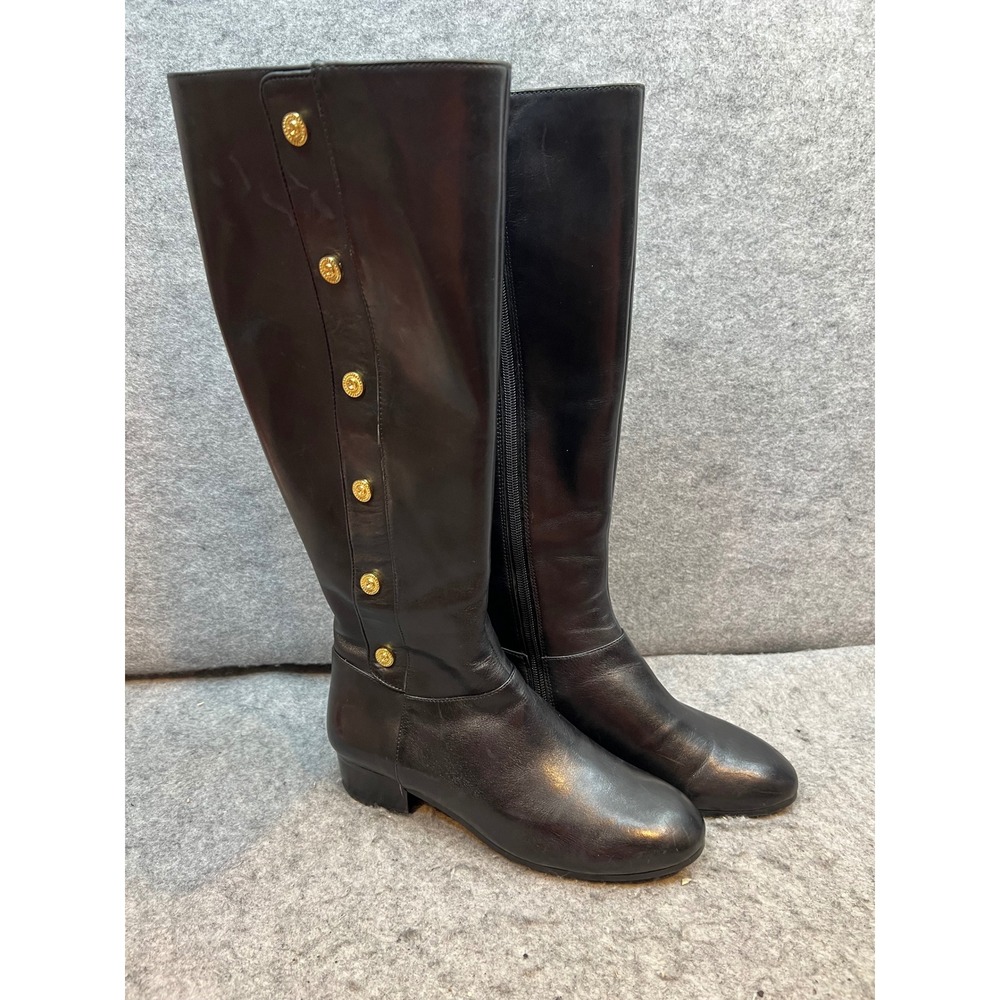 Nine West‎ Womens Black Leather Knee High Riding Boots Gold Buttons Size 6